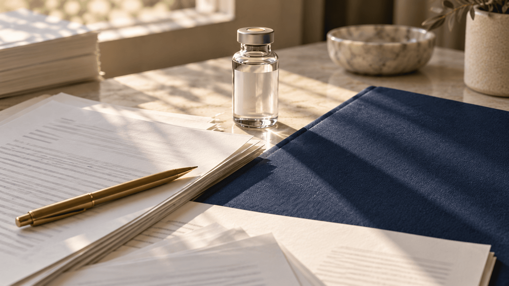Fictional review papers, an unmarked navy folder and an unbranded glass vial in daylight.